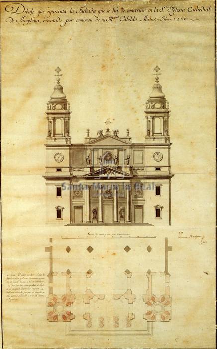 Plano y alzado de la fachada proyectada por Ventura Rodríguez que incluye la planta de la primitiva fachada románica