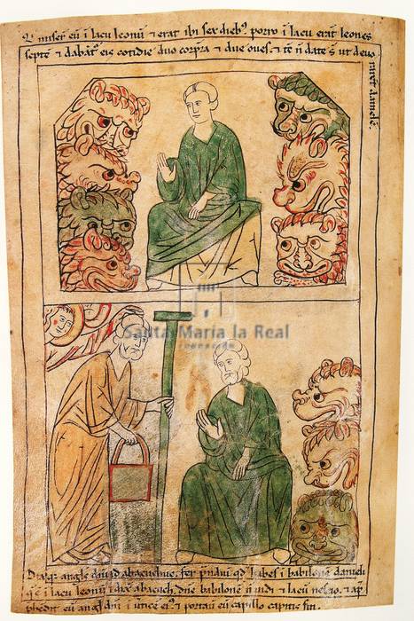 Primera biblia de Pamplona. Daniel en el foso de los leones (fol. 1.40v)
