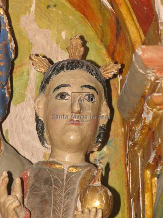Detalle de la cabeza del Niño de la talla de Nuestra Señora de Zumadoya