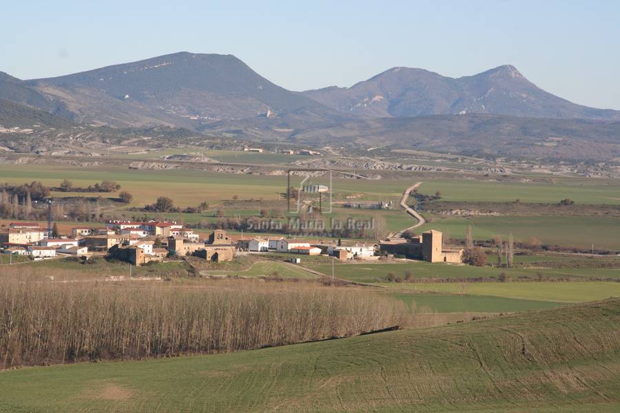 Vista de la población de Artieda (con su iglesia y su palacio) desde Grez