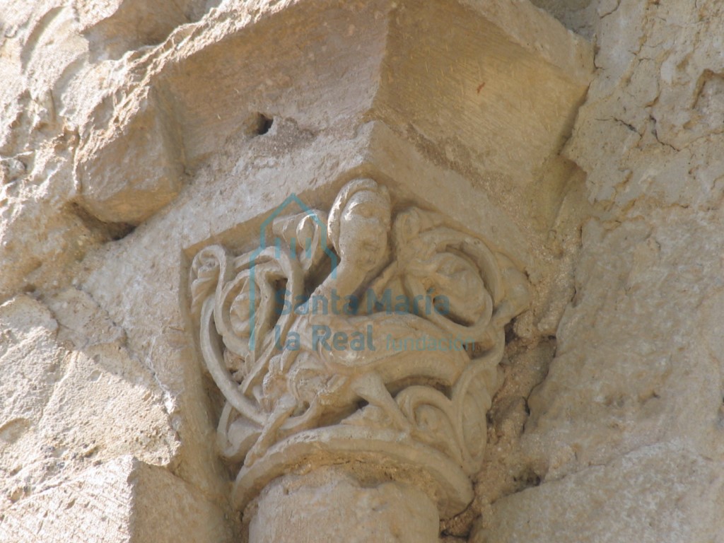 Capitel izquierdo con una sirena-pájaro, en la ventana septentrional del ábside