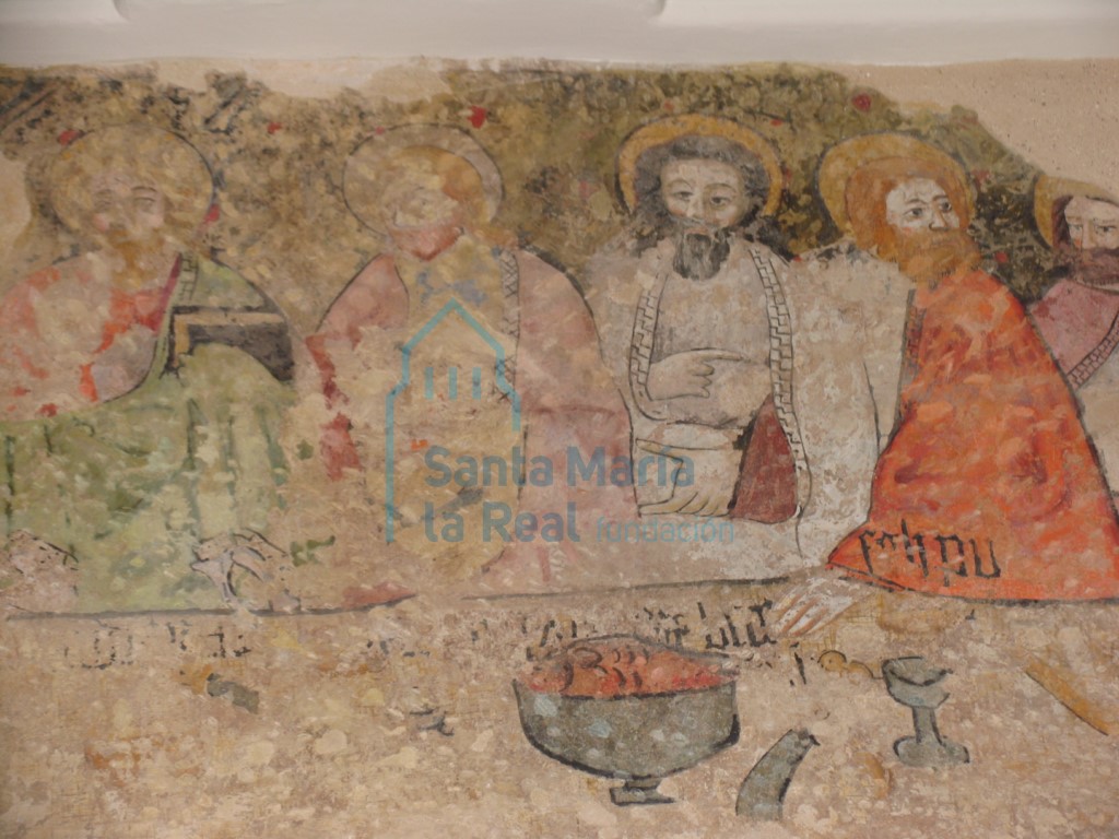 Pintura mural gótica de la Última Cena, en el muro norte de la nave