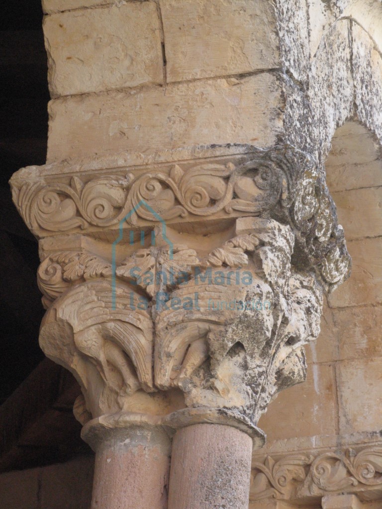 Capitel con dos parejas de aves dentro de una espesa maraña, del lado occidental del pórtico