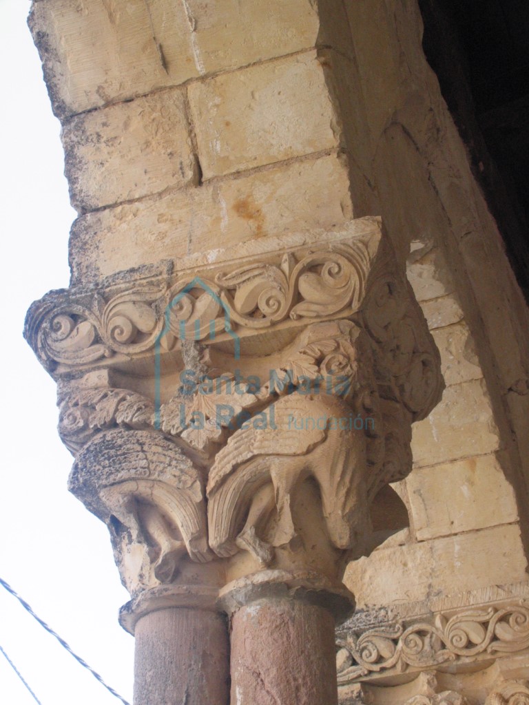 Capitel con dos parejas de aves dentro de una espesa maraña, del lado occidental del pórtico