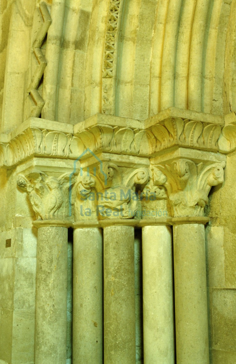 Capiteles del lado izquierdo de la portada en el Museo Diocesano y Catedralicio. Aves y dragones