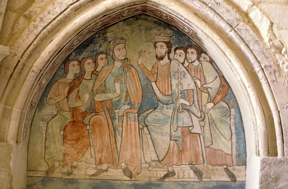 Pinturas murales góticas en uno de los arcosolios de la Capilla del Tesoro también llamada Capilla de San Pedro. Escena cortesana