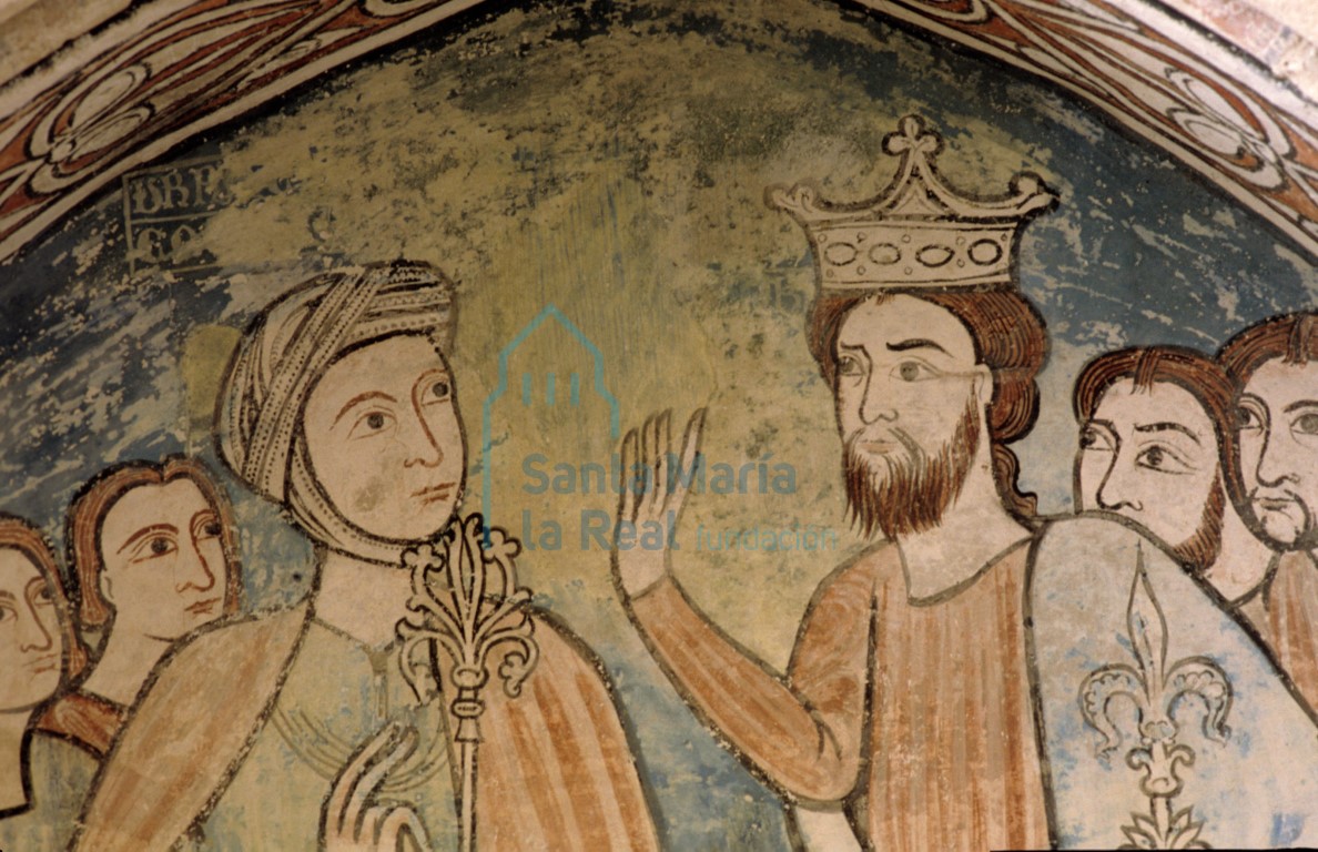 Detalle de las pinturas murales góticas en uno de los arcosolios de la Capilla del Tesoro también llamada Capilla de San Pedro. Escena cortesana