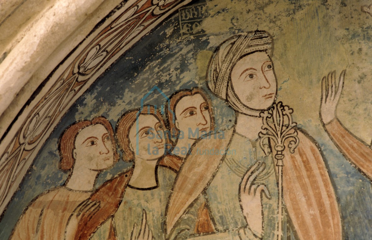 Detalle de las pinturas murales góticas en uno de los arcosolios de la Capilla del Tesoro también llamada Capilla de San Pedro. Escena cortesana