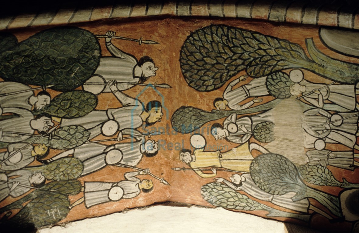 Detalle de las pinturas murales góticas en el intradós del arco de uno de los arcosolios de la Capilla del Tesoro también llamada Capilla de San Pedro. Escena caballeresca