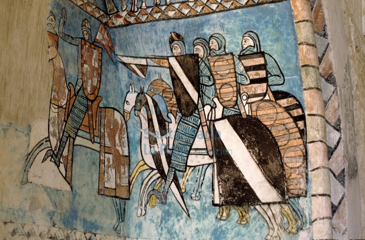 Detalle de las pinturas murales góticas en uno de los arcosolios de la Capilla del Tesoro también llamada Capilla de San Pedro. Escena caballeresca