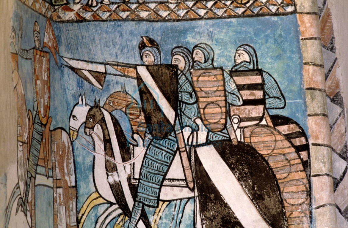 Detalle de las pinturas murales góticas en uno de los arcosolios de la Capilla del Tesoro también llamada Capilla de San Pedro. Escena caballeresca