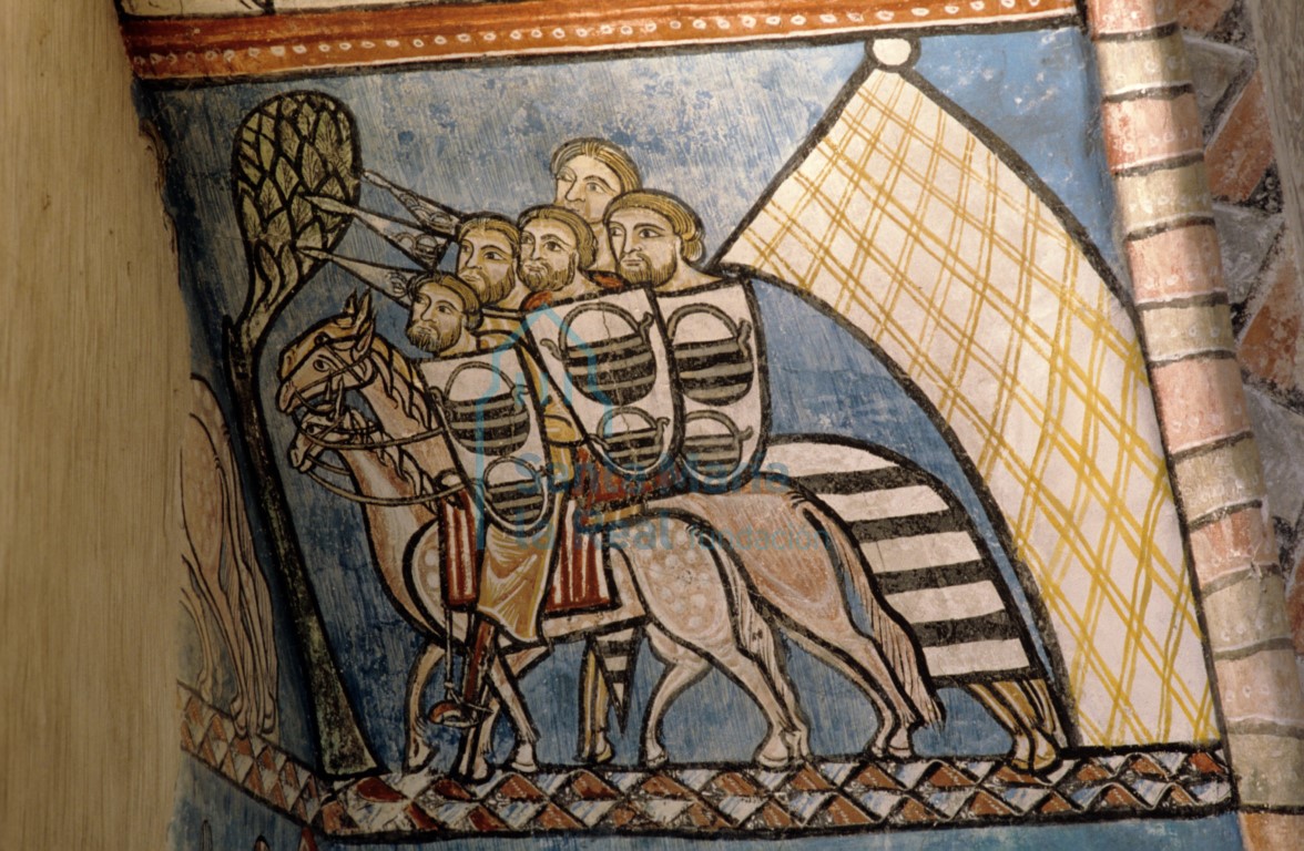 Detalle de las pinturas murales góticas en el intradós del arco de uno de los arcosolios de la Capilla del Tesoro también llamada Capilla de San Pedro. Escena caballeresca