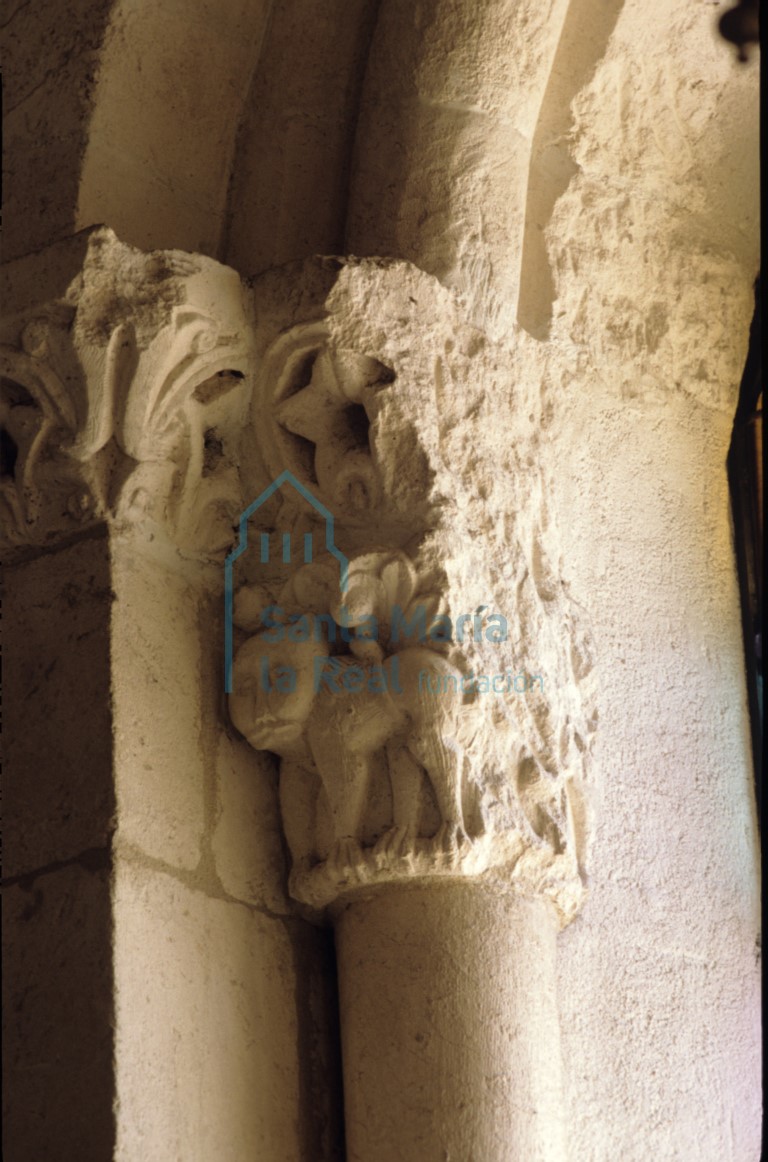 Capitel del lado izquierdo del interior de la ventana central del ábside. Animal indefinido