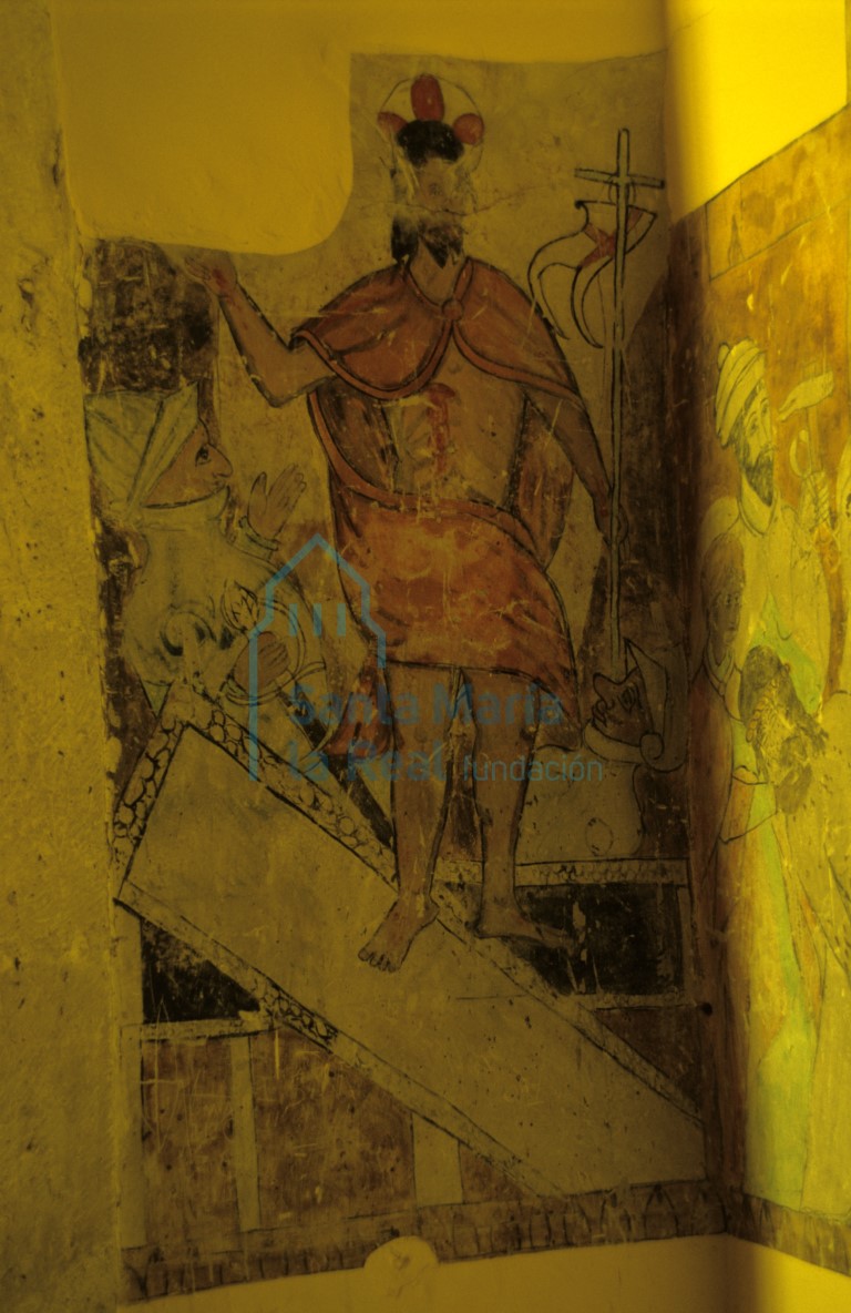 Pintura mural, resurrección de Cristo, en la pared que está junto a la subida de la torre